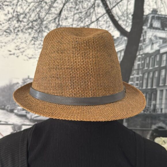 Men’s Unisex Fedora Hat Brown Dark Tan leather accent Short Rim Classic Elegant - Picture 2 of 5
